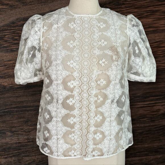 SANDRO Esperance Blouse Top Sz M NEW $280 White Sheer w Lace Puffed Short Sleeve - Picture 1 of 10